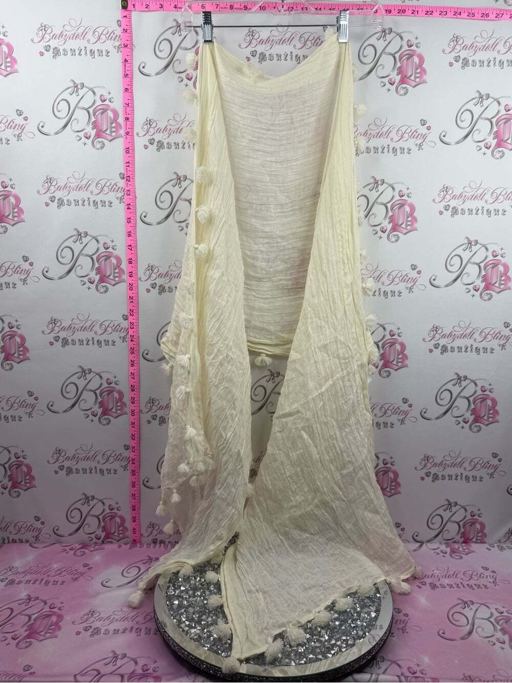Scarf scarve wrap Pom Pom tassle Light Cream Women's Sheer Tassel Scarf Wrap